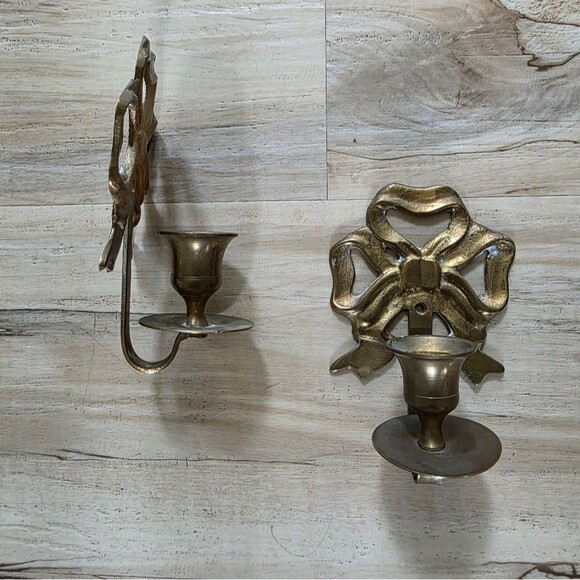 Set Of 2 Brass Bow Ribbon Taper Candle Holders Wall Sconce 5.5 X 3.5 Vintage - Picture 1 of 11